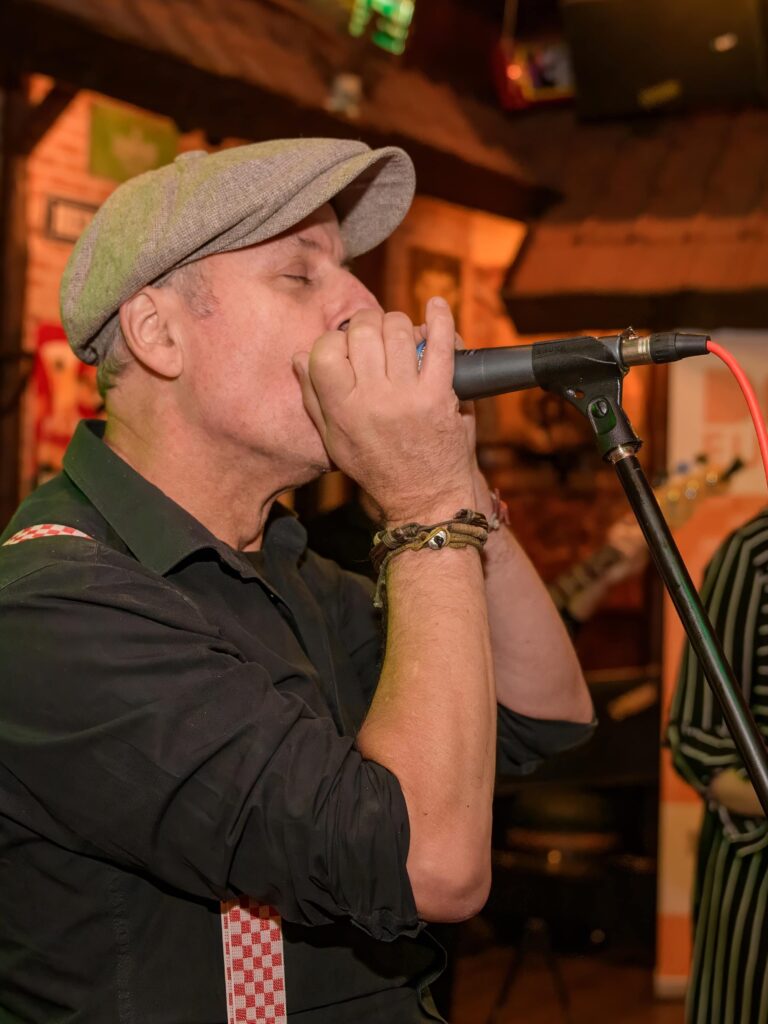 A musician playing the harmonica at the Blues, Rock & Pop festival.